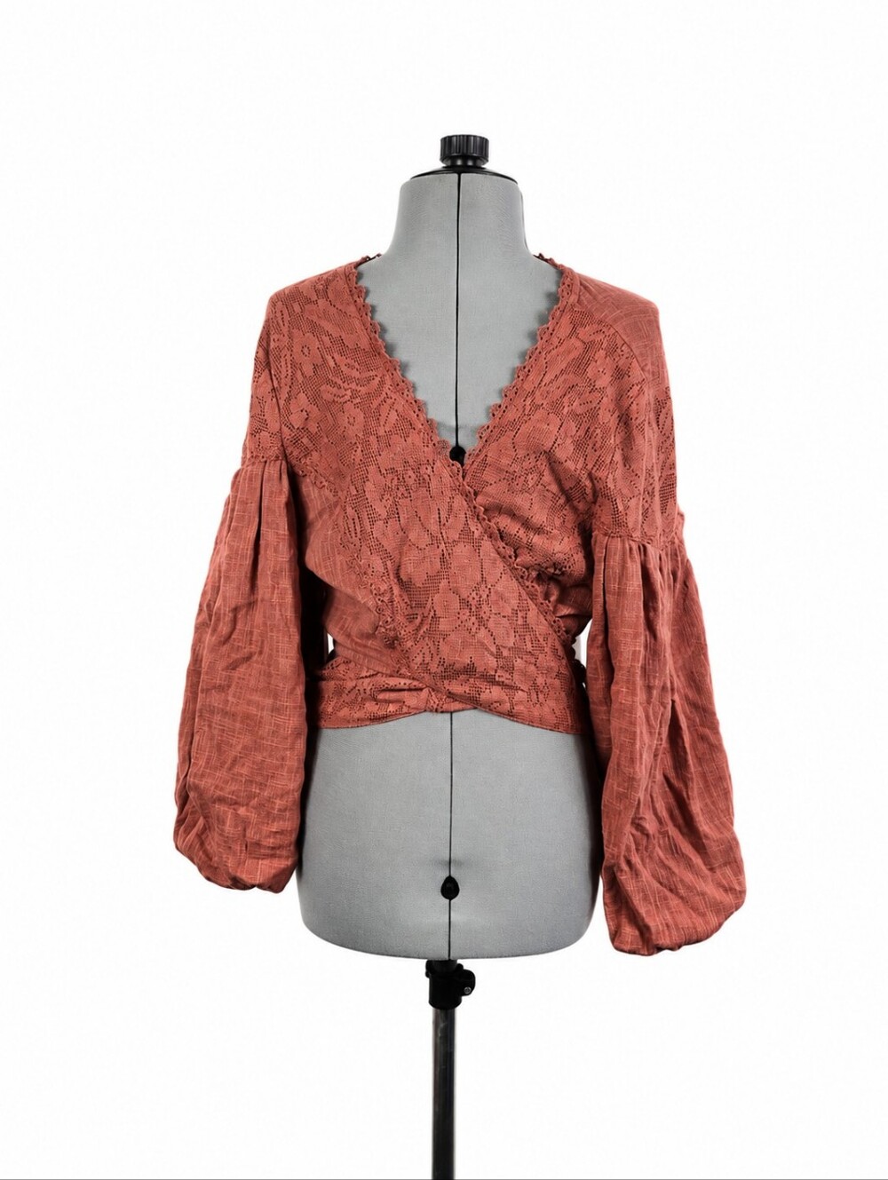 Free People Dolly Wrap Top Terra Cotta Lace Boho Balloon Sleeve Crop Blouse L - Picture 2 of 16